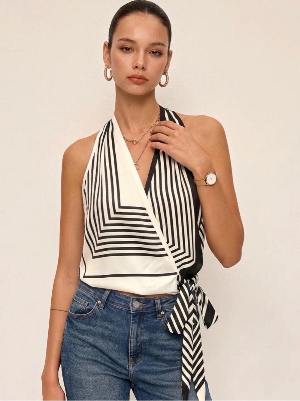 Commense Black and White Striped Wrap Halter Top